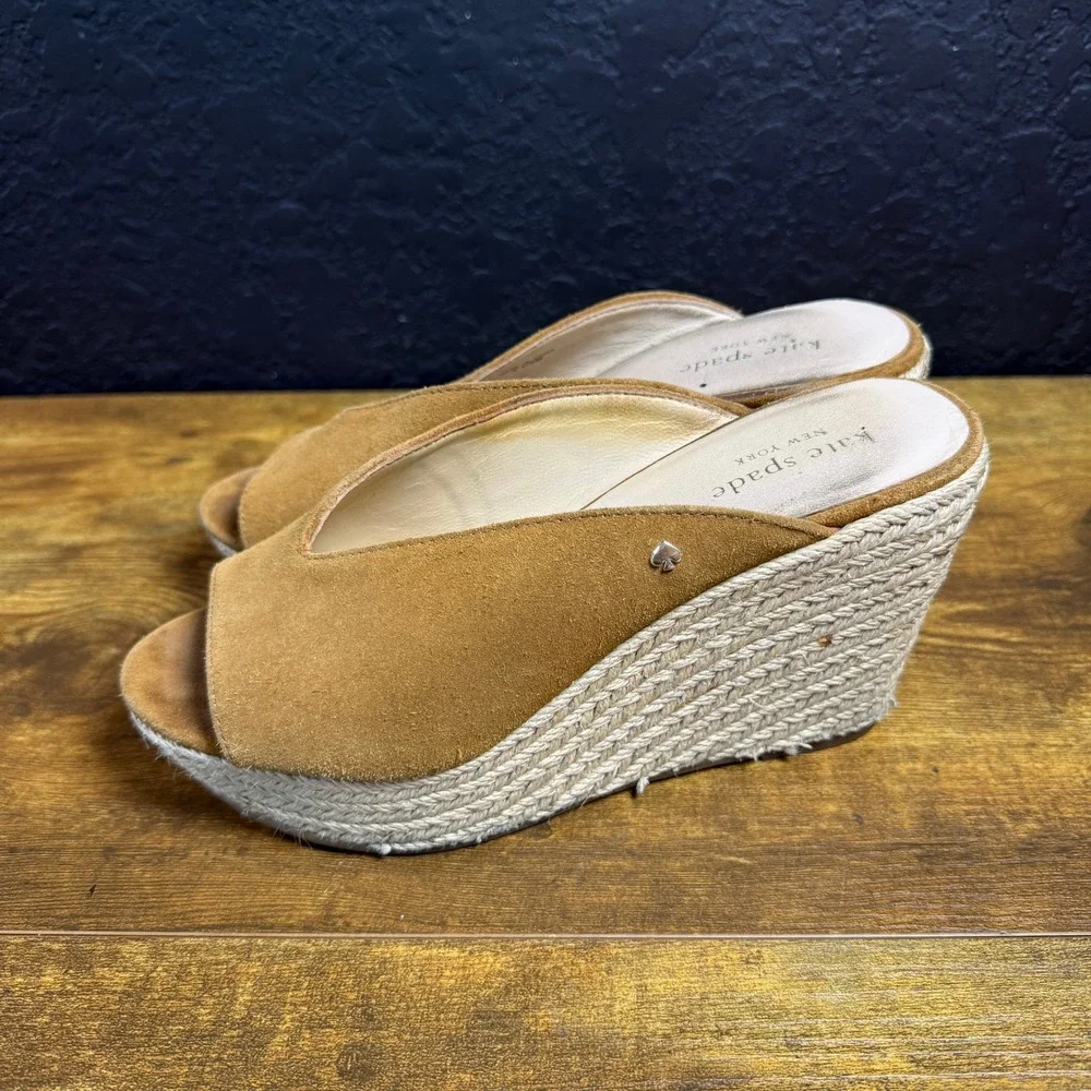 Kate Spade Suede‎ Espadrille Wedge Tan Suede Mule Sandals Womens Size 7.5